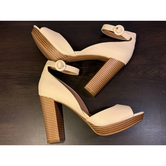 Sun & Stone Retro Peep Toe Pumps Stacked Heels Sandals 10 M White Bone Ivory - Picture 13 of 16
